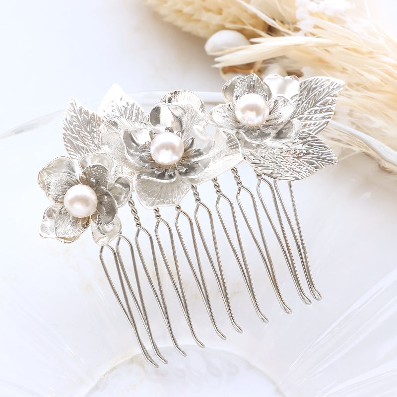 【KIWA BRIDAL】KBH-5 フラワーブーケ ヘアコーム シルバー