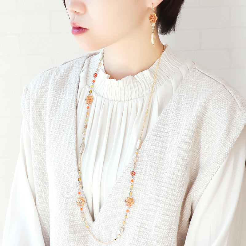 Recipe No.KR1272 Czech bead autumn sky long neck & earrings