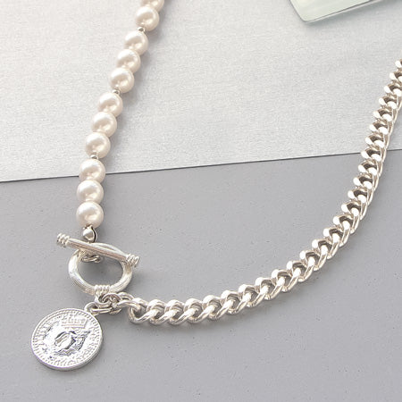 レシピNo.KR0350 シルバーメッキチェーンとパールコインネックレス