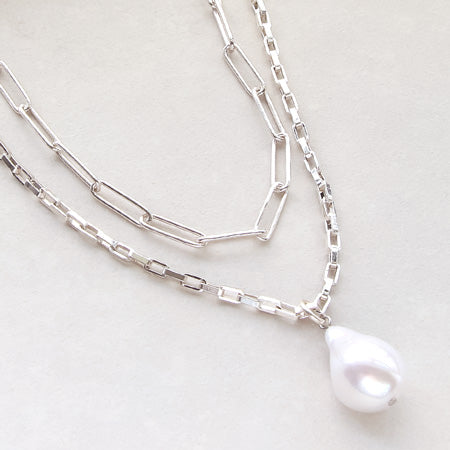 レシピNo.KR0351 シルバーメッキチェーンのビッグパールネックレス