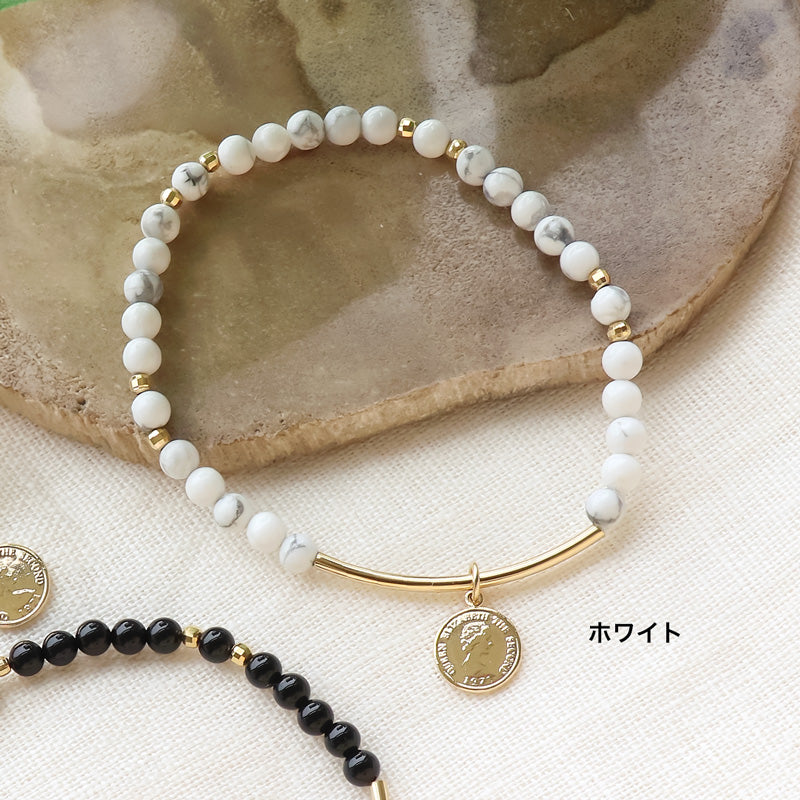 レシピNo.KR1020 天然石とコインチャームのゴムブレスレット