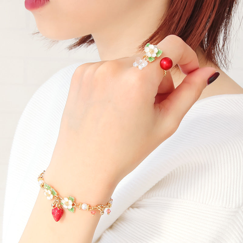 レシピNo.KR1128 ストロベリーフラワー&リーフのアクセサリー4種