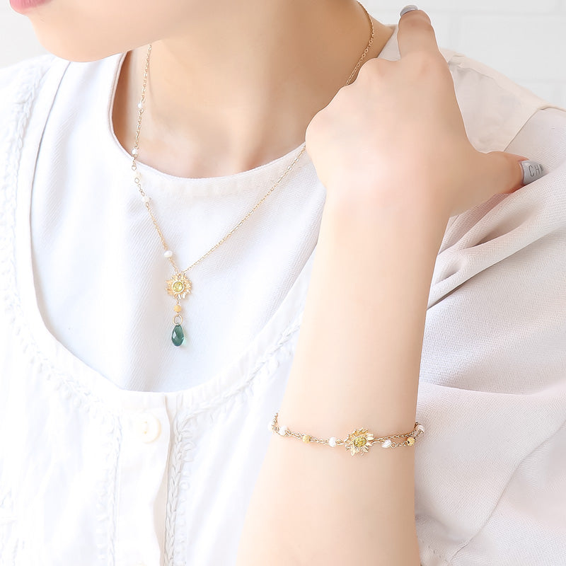 レシピNo.KR1235 チャームひまわりと淡水パールのネック&ブレス&ピアス