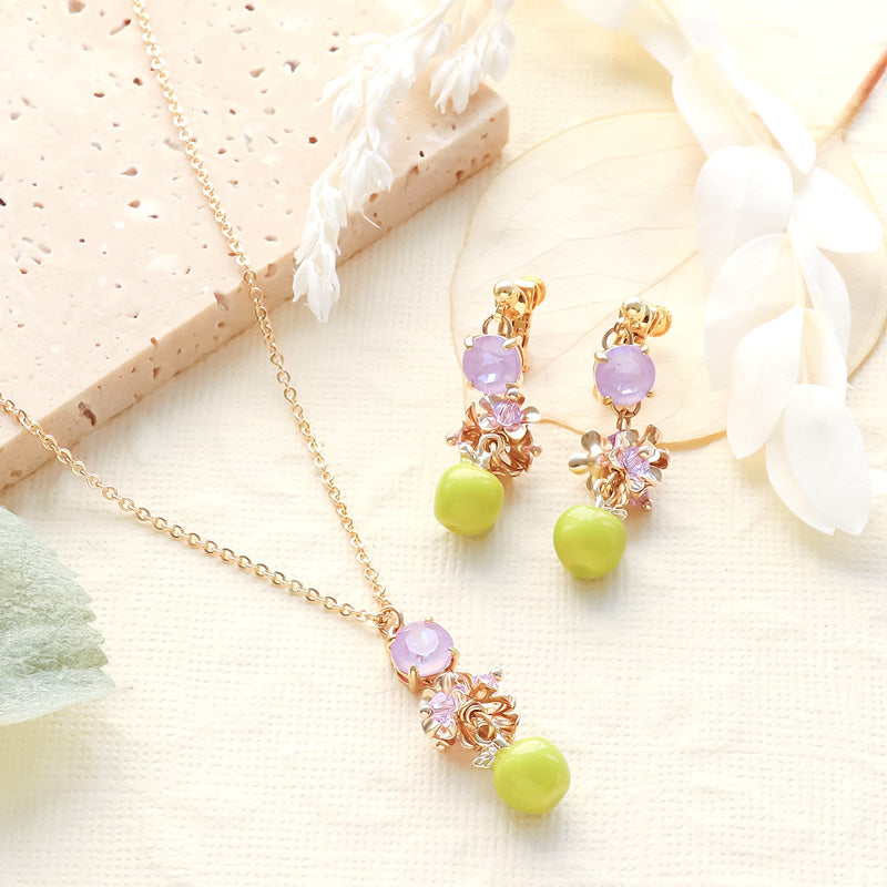 レシピNo.KR1247 秋チャームのグリーンアップルフラワーネック&イヤリング