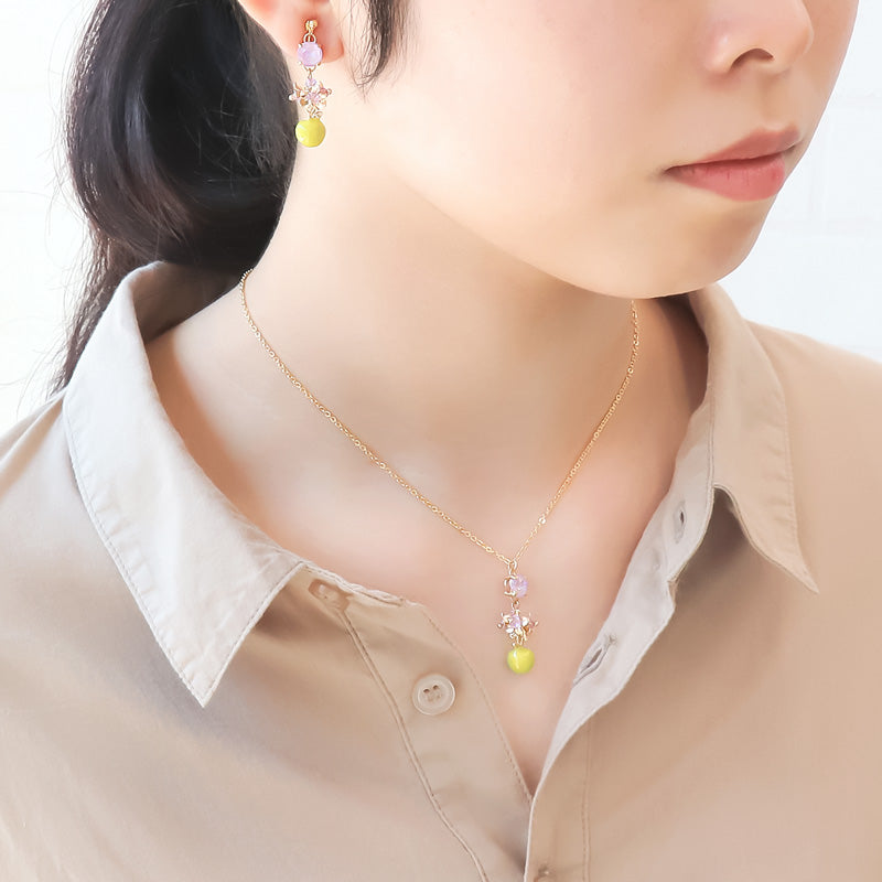 レシピNo.KR1247 秋チャームのグリーンアップルフラワーネック&イヤリング