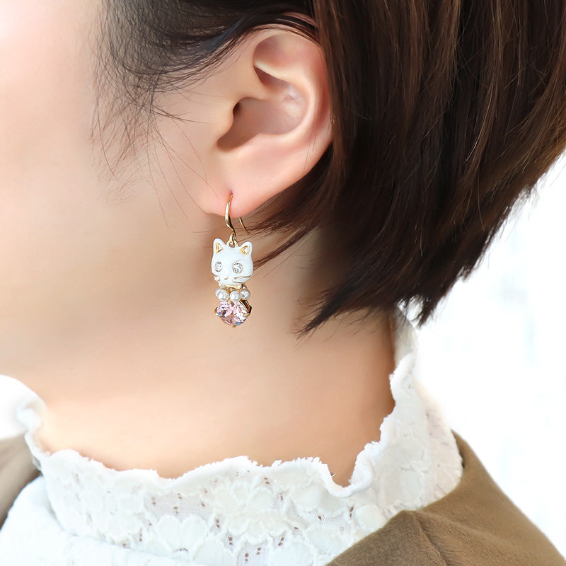 レシピNo.KR1322 石座チャームキャットフェイスとクリスタルパールのアクセサリー2種