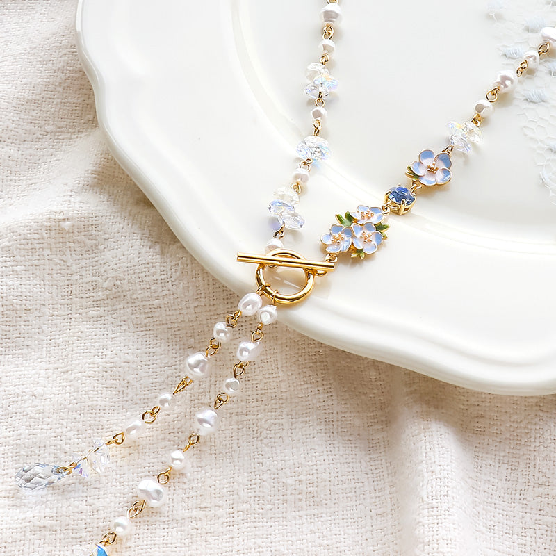 Recipe No.KR1336 Charm nemophila andKiwa crystalslariat style necklace
