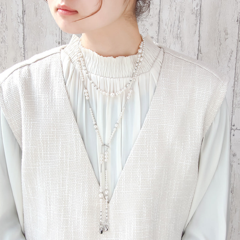 Recipe No.KR1340 Crystal pearl and metal 3way necklace