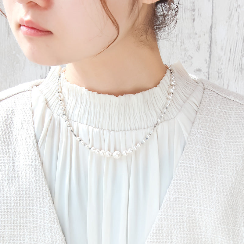 Recipe No.KR1340 Crystal pearl and metal 3way necklace