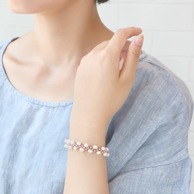 レシピNo.KR1375 貴和クリスタルパールと淡水パールのテグス編みブレスレット