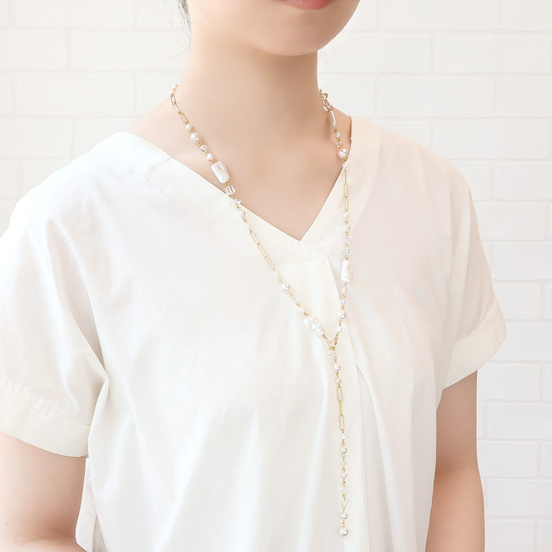 レシピNo.KR1376 貴和クリスタルのホワイトミックスY字ネックレス