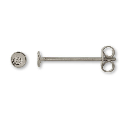 Long post earrings with round plate catch, rhodium color