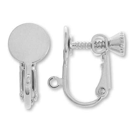 Earrings screw spring round plate with vertical ring rhodium color