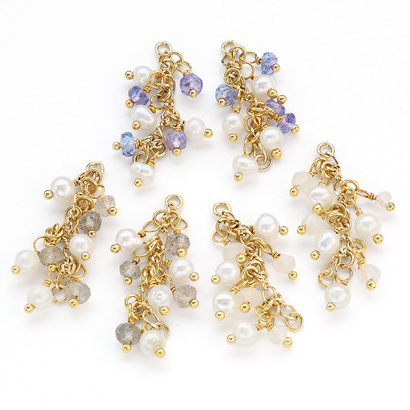 Natural stone, glasses fastening, fringe mix long, rainbow moonstone/freshwater pearl