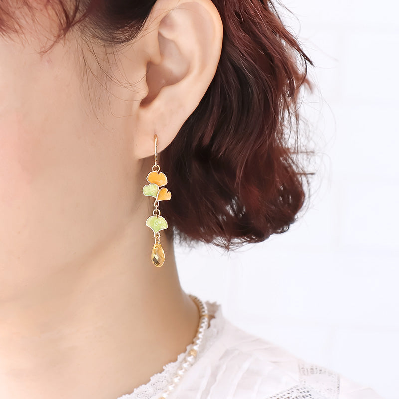 レシピNo.KR1257　チャームイチョウとクリスタルのネック＆ピアス