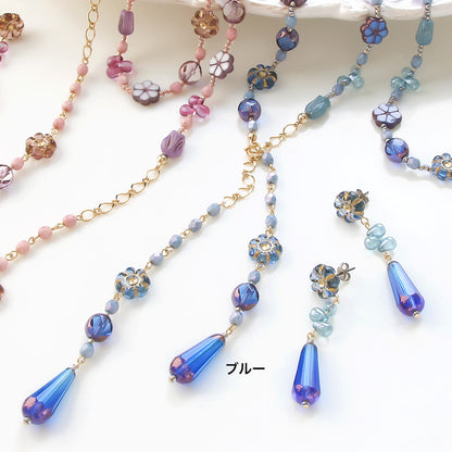 レシピNo.KR0878　チェコビーズのフラワーミックスラリエット＆ピアス