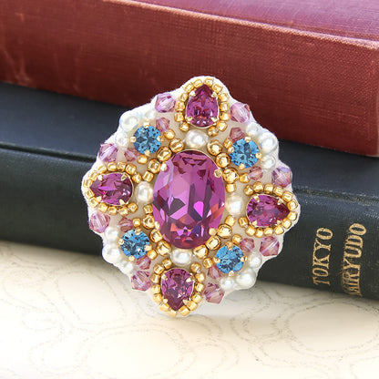 レシピNo.KR0988　貴和クリスタルのクラシカルビーズ刺繍ブローチ