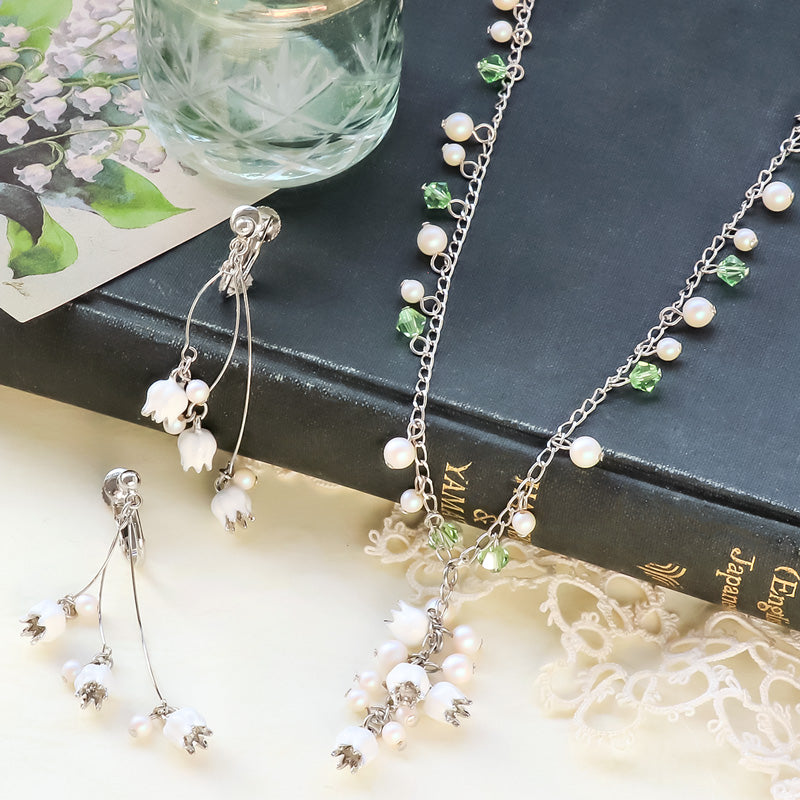 レシピNo.KR1169　チャームすずらんとクリスタルパールのネック＆イヤリング