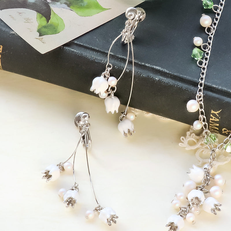 レシピNo.KR1169　チャームすずらんとクリスタルパールのネック＆イヤリング