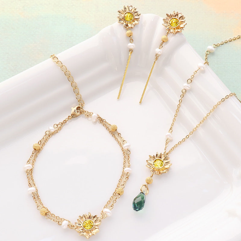 レシピNo.KR1235　チャームひまわりと淡水パールのネック＆ブレス&amp;ピアス