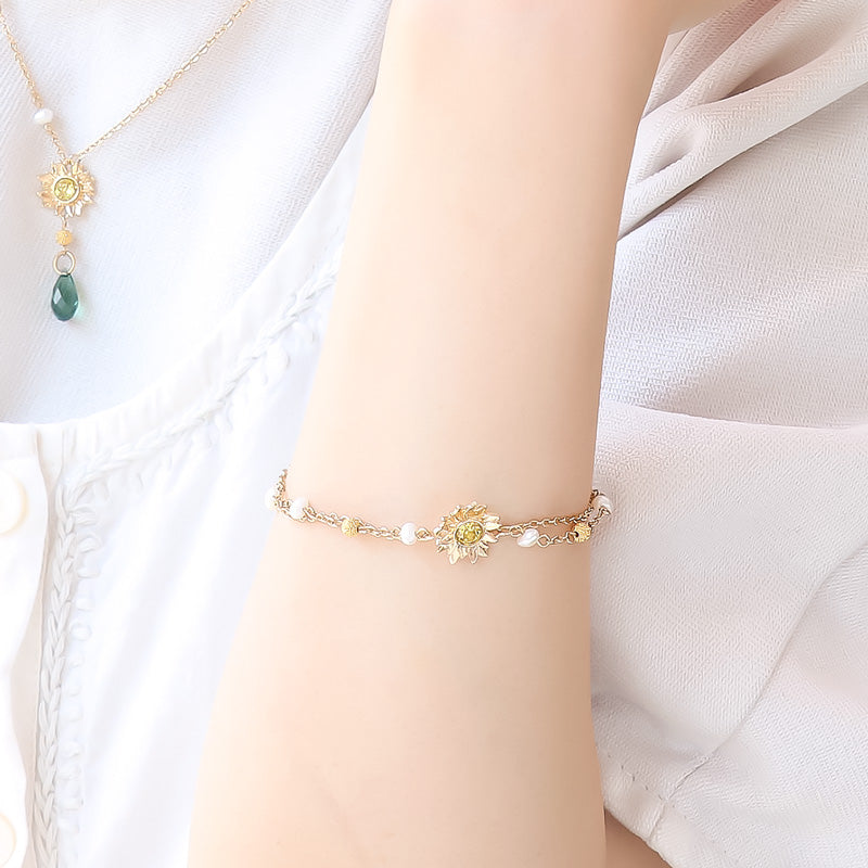 レシピNo.KR1235　チャームひまわりと淡水パールのネック＆ブレス&amp;ピアス