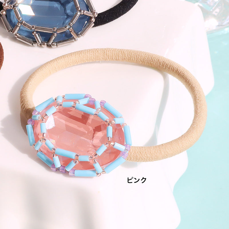 レシピNo.KR1332　貴和クリスタルの宝石編みオーバルヘアゴム