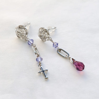 Stainless steel earrings, rose, 1 ring, rhodium color